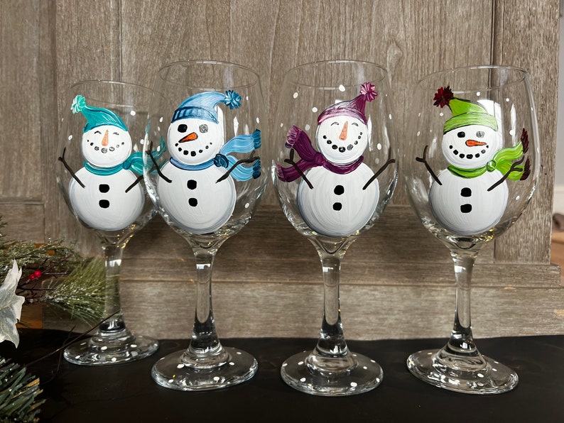 Happy Snowmen Wine Glasses Hand Painted Snowman Snowman Wine Etsy