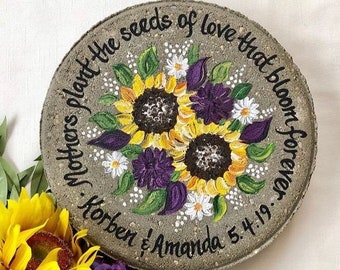 GIFT FOR MOM, Sunflowers, Purple Mums, Outdoor Gifts for Mom, Wedding Gift for Mom, Mothers Day Gifts, Customer Garden Stone, Garden Paver