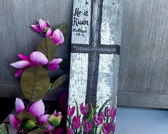 Painted Pink Tulips - Easter Decoration - Easter Barn wood Sign - Painted Cross - Decorations for Spring - Painted Gifts with Bible Verse