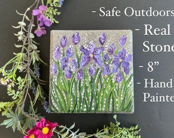 IRIS Garden Stone Gift, Purple Iris Garden Stone, Wedding Gift, Purple Iris, Gift for Memorial, Personalize with any flowers 8” x 8”