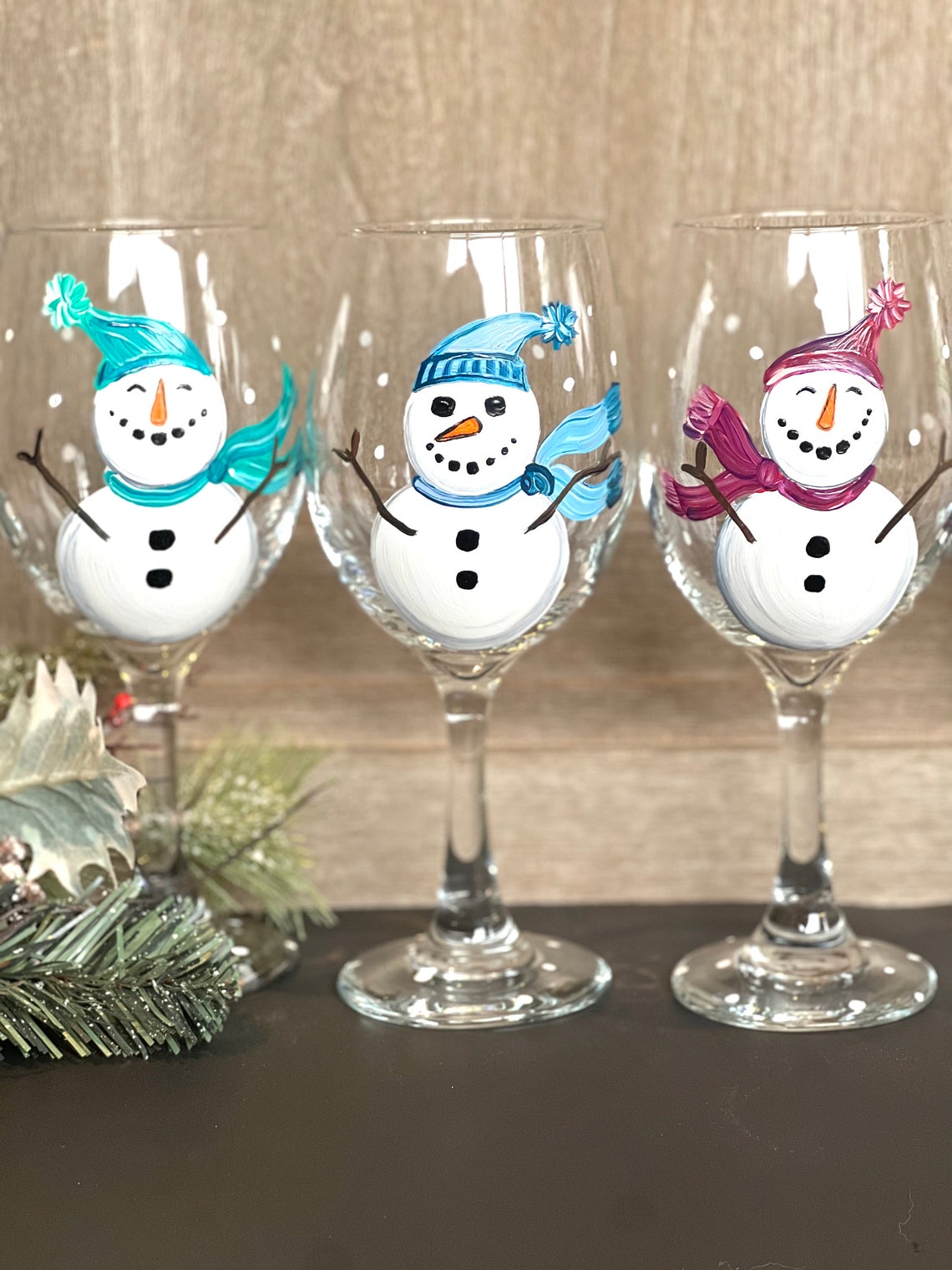 Happy Snowmen Wine Glasses Hand Painted Snowman Snowman Wine Etsy