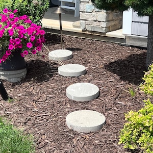 May include: A series of four circular, light gray concrete stepping stones arranged in a line across a bed of dark brown wood mulch. The stones have a smooth, flat top surface and a cylindrical edge, creating a path through the garden area.