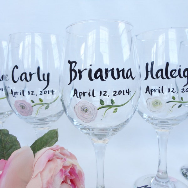 PICK YOUR FLOWERS - Hand Painted Personalized Bridal Party Wine Glasses - Gift Wrapping Available