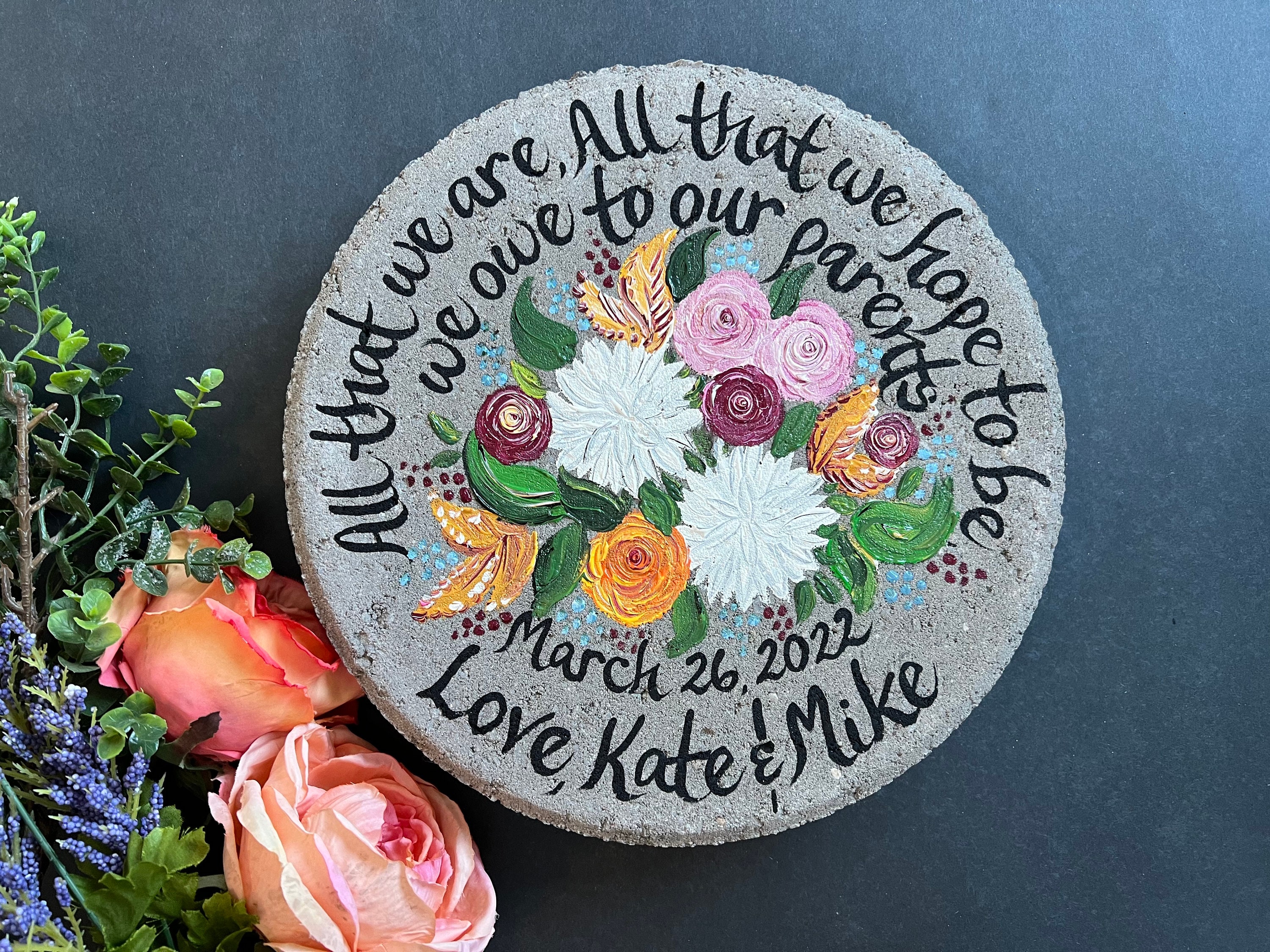 Hand Painted Wedding Garden Stone: Wildflower Gift for Parents