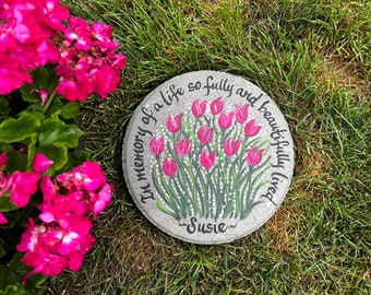 MEMORIAL Stepping Stone, Personalized Garden Stone, Tulips, Memorial Garden Stone, Memorial Garden Stones, Pink Tulips Breast Cancer Gift