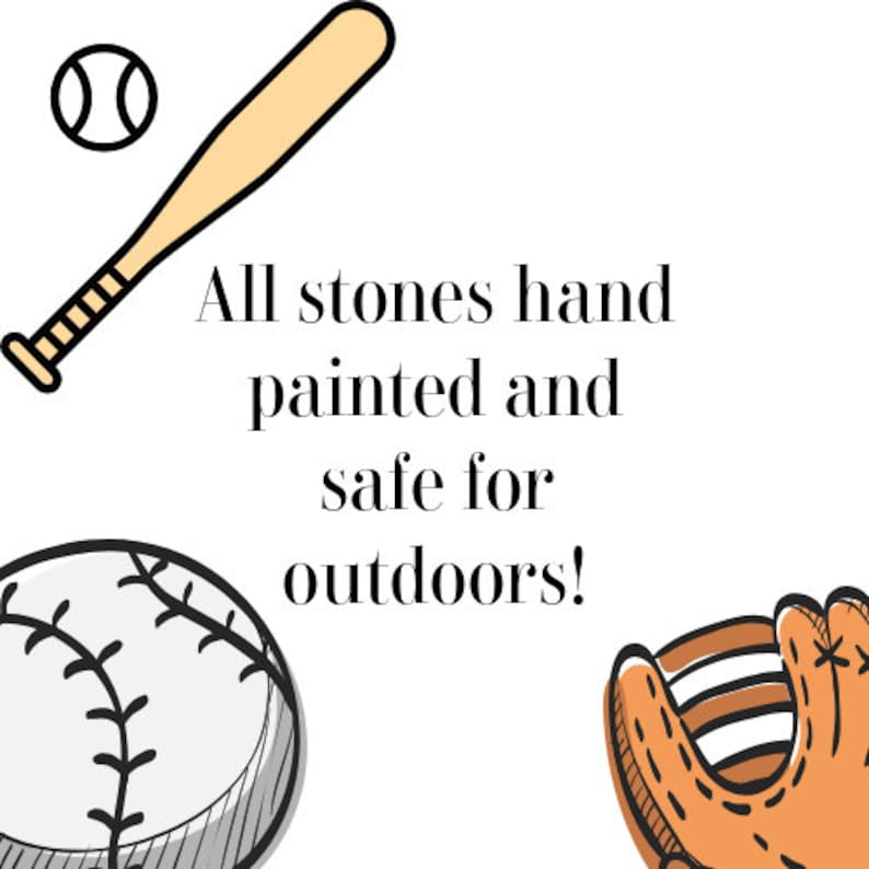 Puede incluir: Piedras pintadas a mano con tem&aacute;tica de b&eacute;isbol, seguras para uso en exteriores. La imagen muestra un bate de b&eacute;isbol, una pelota de b&eacute;isbol y un guante de b&eacute;isbol.
