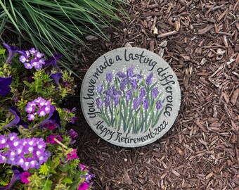 Retirement Gift - Purple Irises - Retirement Garden Stone - Retirement Gifts for Women  -Hand Painted Garden Stone - Memorial Stone - 12"