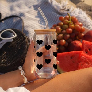 Cute Heart Iced Coffee Glass, Heart Glass Cup, Valentines Gift, 16 oz glass, Iced Coffee Cup, Iced Coffee Glass, Bamboo Lid, Glass Straw