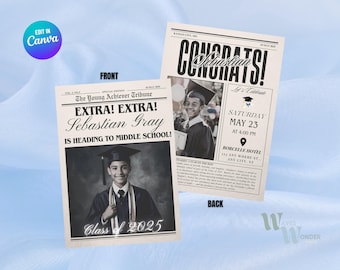 Editable Elementary School Graduation Invitation | Newspaper Graduation Party Template | Custom Grad Party Invite | Graduation Announcement