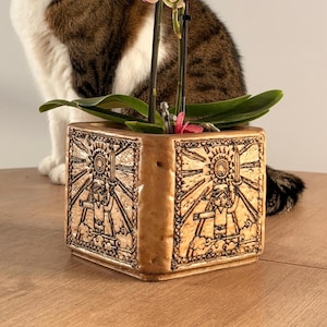 Puede incluir: Una maceta cuadrada de cerámica dorada con un diseño en relieve detallado. El diseño presenta una figura sosteniendo una espada, un sol y otros elementos decorativos. La maceta contiene una planta floreciente con hojas verdes y flores rosas.