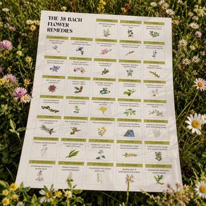 以下が含まれることがあります： 「THE 38 BACH FLOWER REMEDIES」というタイトルと、テキストと小さな花のイラストがグリッド状に配置された白い紙。緑の草と野花の上に置かれています。