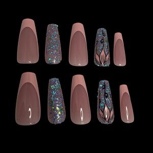 Press on Nails Coffin Tip Glitter Flower Long Length Handmade Fashion Fake Nail Art