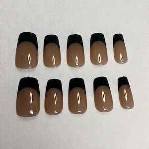 Press on Nails Neutral with Black French Tip Handmade Fashion Fake Nail Art