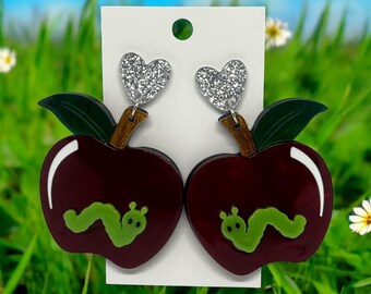 Apple Worm School Acrylic Handmade Earrings Fashion Vintage Jewelry Art