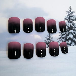 Press on Nails Pink Black Ombre Square Tip Short Length Handmade Fashion Fake Nail Art