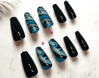 Press on Nails Black and Teal Coffin Style Long Gothic Vintage Fashion Nails