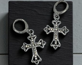 SIlvertone Rhinestone Cross Fashion Earrings Handmade Jewelry