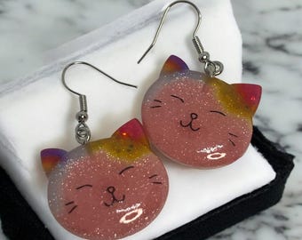 Raindow Cat Glass Cat Fashion Earrings Handmade Boho Vintage Jewelry Art