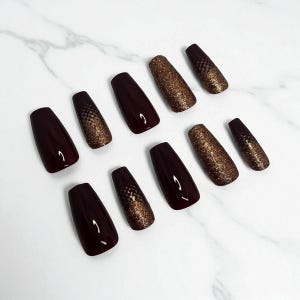 Burgundy Long Coffin Glitter Handmade Press on Nails Cute Fake Nails