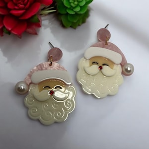 Pink Vintage Santa Clause Custom Earrings, Handmade, Boho Fashion Jewelry Art
