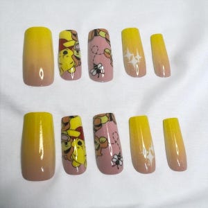 Press on Nails Hunny Pot Bear Square Tip Handmade Fake Nail Set