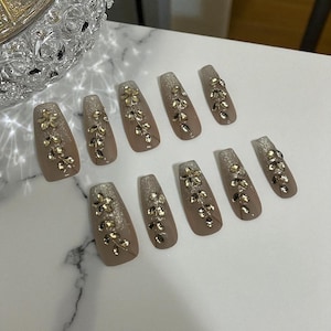 Press on Nails 3D Rhinestone Gold Coffin Tip Long Length Fashion Fake Nails