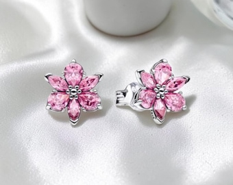 Rosa Blumen-Bolzen-Ohrringe für Frauen, Sterlingsilber-Ohrringe mit Birne und Marquise-Rosa-Steinen, Herbarium-Geschenkschmuck für Sie