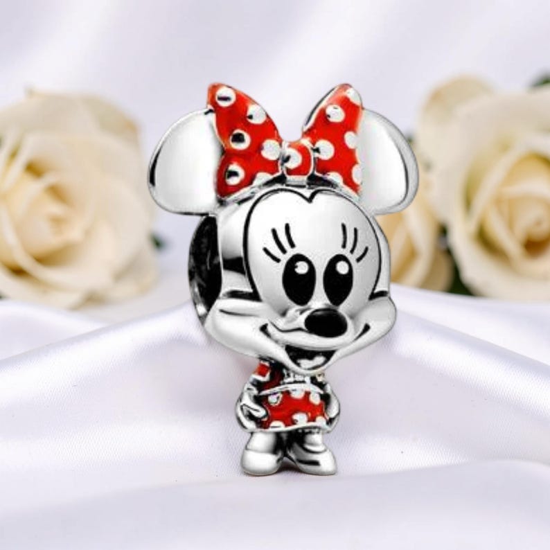 Minnie Mouse Dress and Bow Charm, Sterling Silver Red Enamel Bead for Bracelet, Character Jewellery Gift for Her, Cartoon Jewellery image 1
