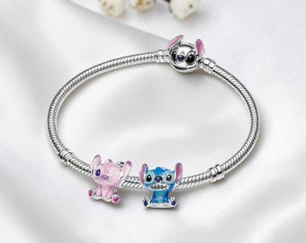 Stitch and Angel Charm Bracelet Set, Silver Charm Bracelet with Character Charms, Girls Charm Bracelet Gift, Character Fan Jewellery Gift