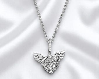 Sparkling Heart Pendant Necklace, Angel Wings Celestial Necklace, Thin Silver Chain Necklace, Silver Heart Angel Jewellery, Gift For Her