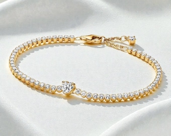 Sparkling Heart Tennis Bracelet, Gold Plated Jewellery for Women, Elegant Romantic Accessory, Gift for Her