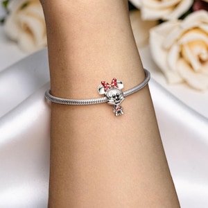 Minnie Mouse Dress and Bow Charm, Sterling Silver Red Enamel Bead for Bracelet, Character Jewellery Gift for Her, Cartoon Jewellery image 3