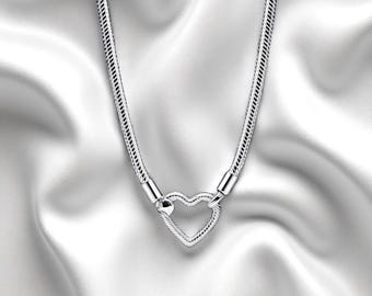 Smart Closure Heart Snake Chain Necklace, Silver Snake Chain Women Necklace, Minimalist Jewellery, Chunky Chain Necklace, Gift For Her