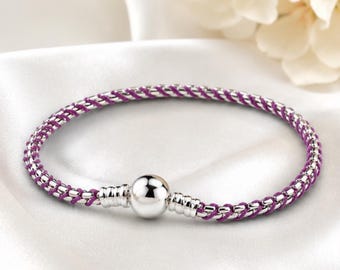 Lila Cord Box Kettenarmband für Frauen, Silber Bettelarmband für Sie, Kettenschmuck Geschenk für Sie, Lila Schmuck Geschenk für Frauen