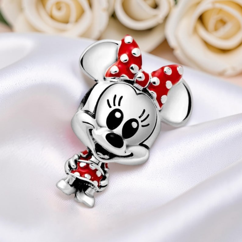 Minnie Mouse Dress and Bow Charm, Sterling Silver Red Enamel Bead for Bracelet, Character Jewellery Gift for Her, Cartoon Jewellery image 2