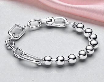Bracciale a catena in argento con maglie miste, bracciale a catena con perline in argento sterling per donna, gioielli con perline in metallo, regalo per lei con bracciale spesso