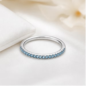 Aquamarine Half Eternity Band Ring, Sparkling Crystal Stacking Ring, Sterling Silver Ring for Women, Blue Stone Band Ring, Gift for Her