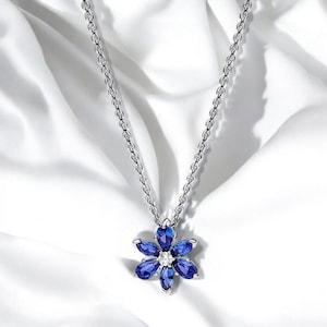 Elegante blauwe ketting met geperste bloem, sterlingzilveren ketting met bloemenhanger, blauwe stenen hanger, bloemensieraden, cadeau voor haar