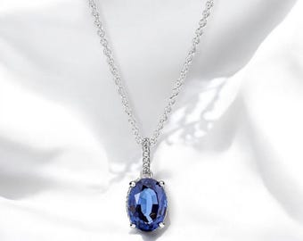 Delicate Blue Stone Halo Statement Necklace, Simple Silver Chain Necklace For Women, Statement Jewellery, Silver Necklace, Gift For Wife