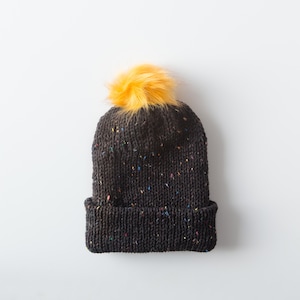 Black TWEED CHIC Knit Beanie Hat - Removable Pom - 3 Sizes