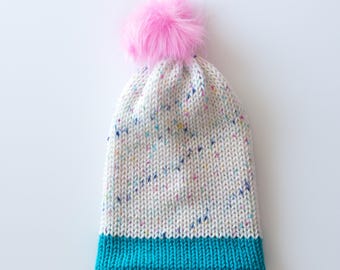 FAUX SURE - Faux Brim Beanie knit hat with teal and pink