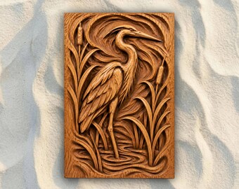 Heron Among Reeds STL File | 3D Relief CNC Router Wood Carving Model | VCarve Aspire Carveco Shapeoko | Digital Download