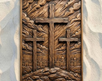 File STL CNC del Calvario delle Tre Croci, file per router CNC in rilievo 3D, modello di stampa 3D per intaglio del legno, arte murale religiosa, decorazioni per chiese cristiane