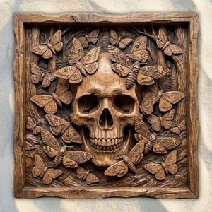 May include: A carved wooden wall art piece featuring a skull surrounded by moths. The artwork is framed in a rustic, dark brown wooden frame. The moths and skull are intricately detailed, creating a gothic and macabre aesthetic.