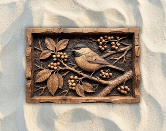 Chickadee Berry Branch STL File | CNC Router Wood Carving Winter Bird Relief | Digital Download
