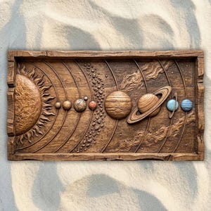 Op de afbeelding: Een houten reliëf van het zonnestelsel, met de zon, planeten en hun banen. De planeten zijn in verschillende maten en kleuren weergegeven, met de ringen van Saturnus prominent aanwezig. Het kunstwerk is in een rechthoekige lijst geplaatst.
