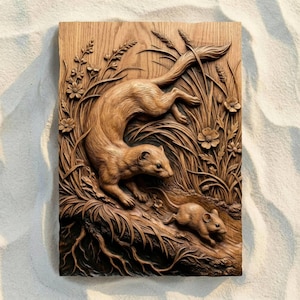 Weasel Chasing Mouse CNC STL File, 3D Relief CNC Router File, Wood Carving 3D Printing Model, Wildlife Wall Art, Rustic Cabin Decor
