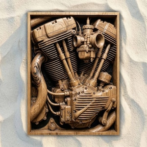 May include: A detailed wooden carving of a motorcycle engine, showcasing cylinders, carburetors, and exhaust pipes. The artwork is framed in a wooden box, with a natural wood grain finish. The piece is a unique wall decor item.