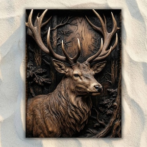 May include: A detailed wooden relief carving of a stag with large antlers, set against a backdrop of a forest scene. The artwork features intricate details and a natural color palette of browns and tans, creating a rustic aesthetic.