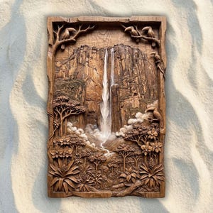 May include: A rectangular wooden wall carving featuring a detailed relief of a tall waterfall cascading down a rocky cliff face. The scene includes carved toucans perched on branches, tropical trees, and lush foliage at the base of the waterfall.